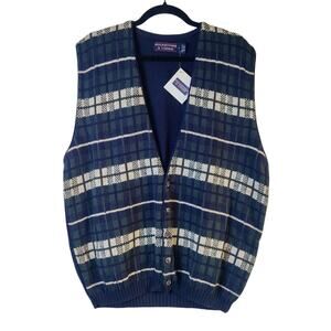 Deadstock Vtg Roundtree & York Blue Plaid Cotton Grandpa Sweater Vest Large